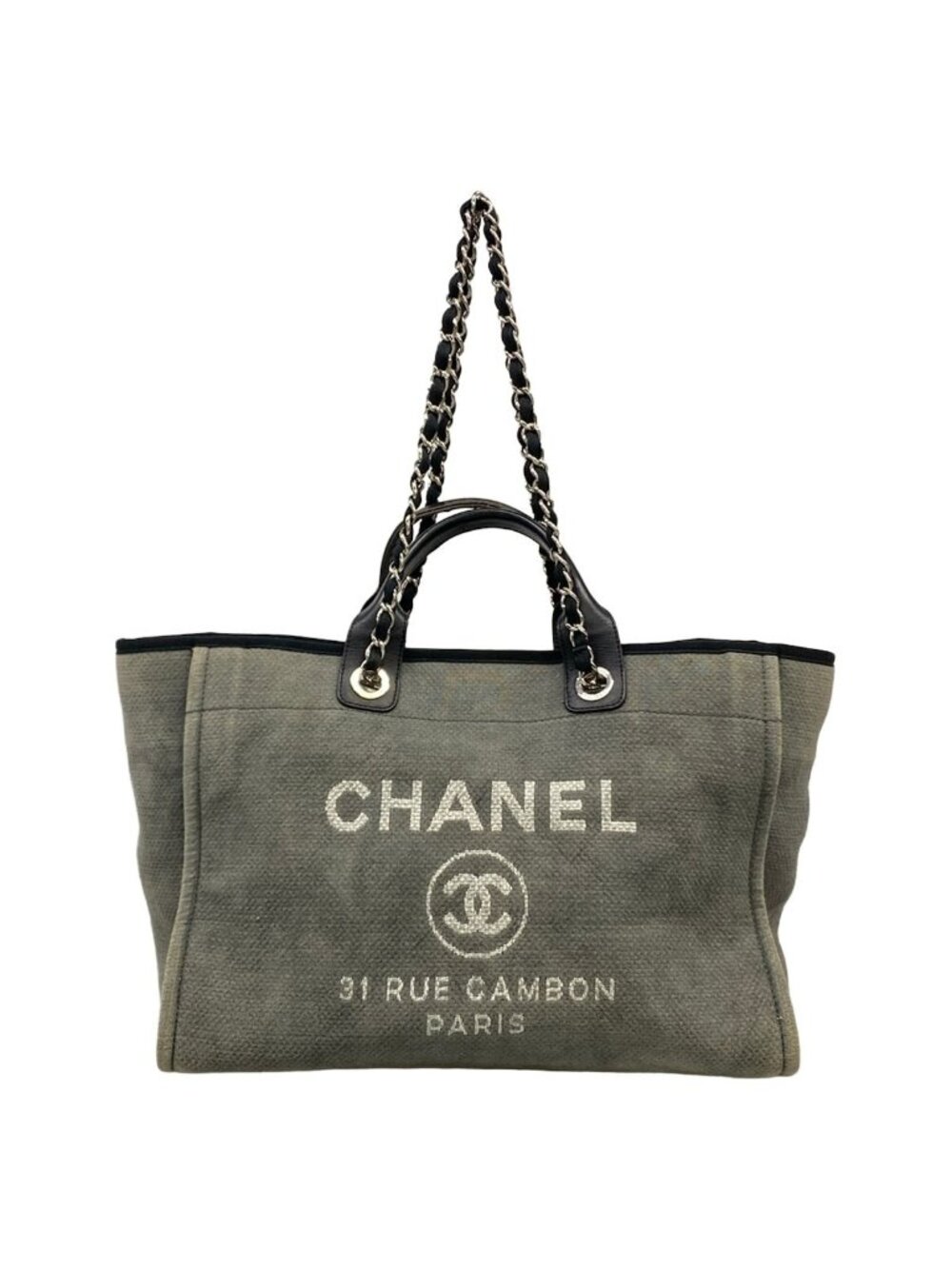 Chanel Tote Deauville Line GM Gray Black Chain Shoulder Silver Leather